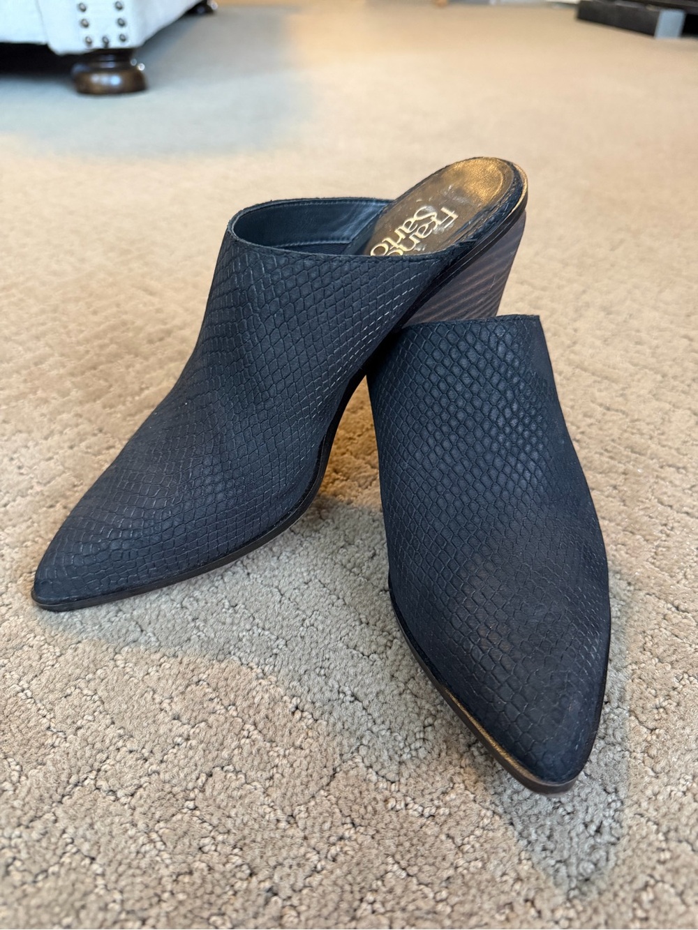Franco Sarto Black Textured Pointed-Toe Mules